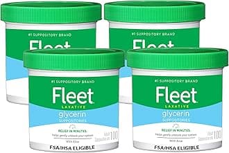 - Fleet Glycerin Suppositories for Constipation Relief, Fast and Effective Stimulant-Free Laxative with Aloe Vera, 100 Count Jar, Pack of 4