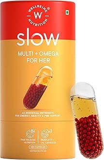 - Wellbeing Nutrition Slow Multivitamin & Vegan Omega 3 for Women Biotin, CoQ10, B-Complex, Iron, Zinc, Chromium, +22 Vitamins & 10 Antioxidants | Skin Radiance, Energy, Metabolism, PMS |60 Veg Capsules