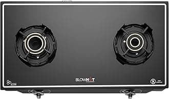 BLOWHOTEmerald Heavy Tornado 2 Burner Brass Auto Ignition Gas Stove Toughened Glass Cook Top Stainless Steel Frame - 2 Year Warranty on Burner, Gas Valve and Glass - Black