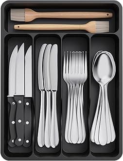 – Lifewit Cutlery Drawer Organiser, Plastic Cutlery Tray for Kitchen, Utensil Flatware Silverware Holder Divider for Spoons Forks Knives Tableware, 5 Compartments, 23 x 32cm, Black