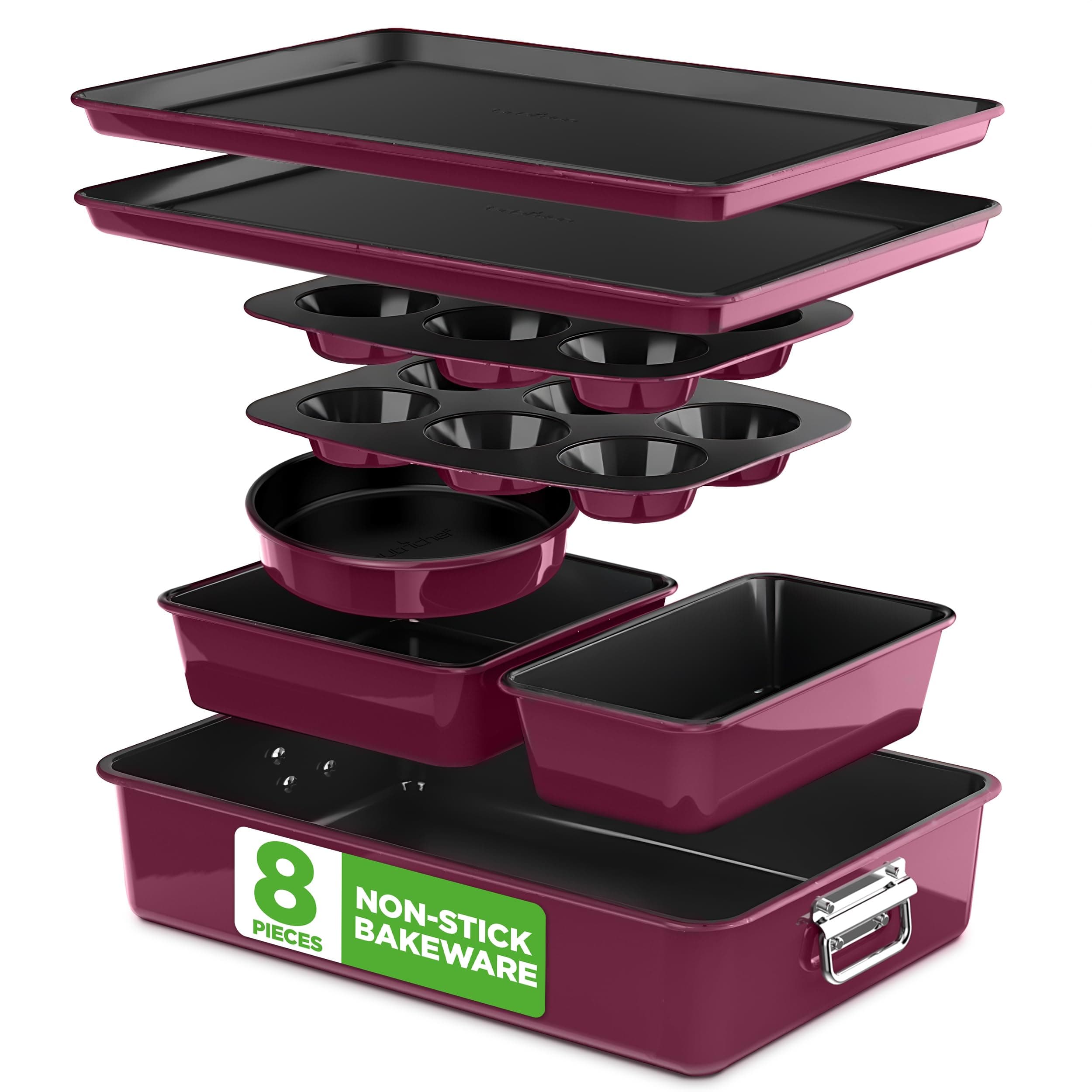 NutriChef 8-Piece Nonstick Stackable Bakeware Set - PFOA, PFOS, PTFE Free Baking Pan Set w/Non-Stick Coating, 450°F Oven Safe, Round Cake, Loaf, Muffin, Wide/Square Pans, Cookie Sheet (Plum)