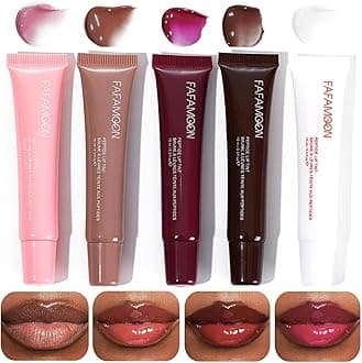 Lip Jam Hydrating Lip Gloss,Glittery Shiny Plumping,High Gloss Glass-Like Nude Shiny Jelly Liquid Lipstick (5 Colours Set)
