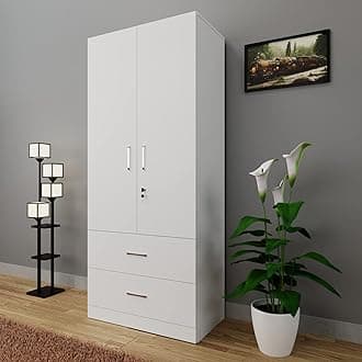 VIKI Wardrobe | Wooden Almirah for Clothes,Door for Bedroom, 2 Door Wardrobe with Drawer & Hanging Space (Frosty White - 40D x 80W x 180H) | 1 Year Warranty | Free Assembly