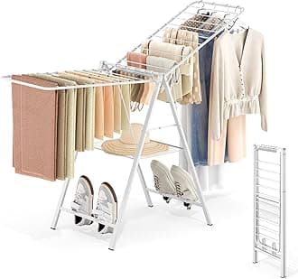 - APEXCHASER Drying Rack for Clothing Foldable, Metal Laundry Rack Collapsible, Ultra Thin Gullwing Clothes Airer with Adjustable Height for Towel Baby Clothes Indoor Outdoor Laundry Room, White