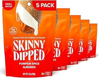 SkinnyDipped Pumpkin Spice Almonds, Healthy Snack, Plant Protein, Gluten Free, 3.5 oz Resealable Bags, Pack of 5