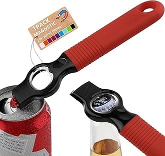 2 in 1 Magnetic Soda Can Tab Opener and Beer Bottle Opener Stick to Fridge, 6.9" Bottle Opener for Long Nails, Arthritis, Seniors and Bartender, Good Grip Silicone Handle - 1Pack (Red)