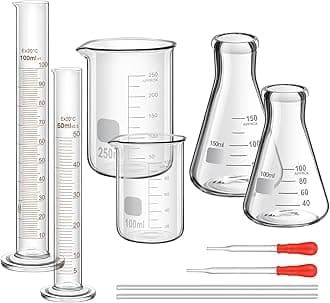 Frienda 100/250ml Lab Glassware Include Graduated Cylinder, Glass Beaker Set, Glass Dropper, Stirring Rod, Measuring Cups for Laboratory Science Chemistry Supplies (10 Pcs)