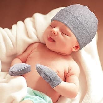 AQOKKA 4 Pieces Newborn Baby Hats and Mittens Baby Boys Girls Cotton Infant Toddler Caps Preemie for 0-6 Months