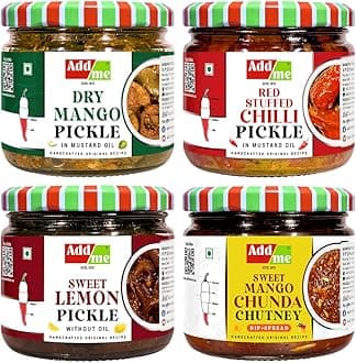 Add me Pickle box Combo Pack 4in1 Red Chilli Pickle 300gm, Dry Mango Pickle 300gm, Sweet Mango Jeera Chutney Chunda 350gm, Sweet lemon Pickle 350grm Gift Pack of 4, Glass Jar