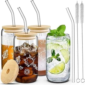 4 Set Glass Cups with Lids and Straws 16 oz, Glasses Drinking Set, Iced Glass Coffee Cups, Tea cups with Bamboo Lids, Straws & 2 Brushes, Drinking Glasses Tumbler, Flash
