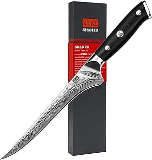 SHAN ZU 7 Inch Damascus Filleting Knife, Japanese Steel Damascus Boning Knife, Professional Fish Kitchen Knife, Japanese High Carbon Super Steel Core with Ergonomic G10 Glass Fiber Handle