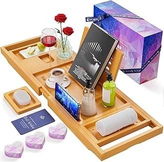 Yirilan Lux Expandable Bathtub Tray Caddy with 3 Bath Bombs-Self Care and Relaxation Birthday Gifts for Women and Men, Housewarming Gift Idea, for Mom Sister Daughter Wife