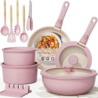 Astercook 21 Pcs Pots and Pans Non Stick Ceramic Cookware Set, Detachable Handles, RV Kitchen Cooking Set, Oven Safe, Induction Ready, Stackable, Pink