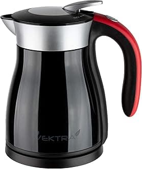 Vektra VEK-1201B Vacuum Insulated Environmentally Eco Friendly Easy Pour Cordless Kettle, 1.2 Litre, Black/Red