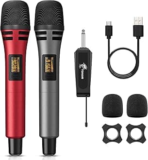 TONOR Wireless Microphones, UHF Dual Karaoke Microphone System, Microfonos Inalambricos with Rechargeable Receiver, Cordless Dynamic Mic Micro Set for Singing, Wedding, DJ, Party, Speech TW320 Red