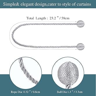 Hangtty 2 Pack Curtain Tiebacks Elegant Decorative Curtain Tie Backs Rope Curtain Holders for Drapes Window Treatment Holdbacks for Drapes or Curtains, Grey