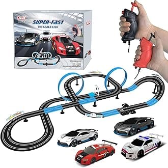 AGM MASTECH Slot Car Race Track Set, High Speed Series Tram Dual Track Set with 4 Licensed Racing Slot Cars, 2 Hand Controls, Track Parts and Lap Counter, 8.4M Long Track, Color Box