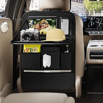 GMQ Back Seat Car Organizer 1 Pack,Backseat Organizer with Tray,Multifunctional Car Seat Back Storage Box with Foldable Tablet Holder (Black, Plain weave)