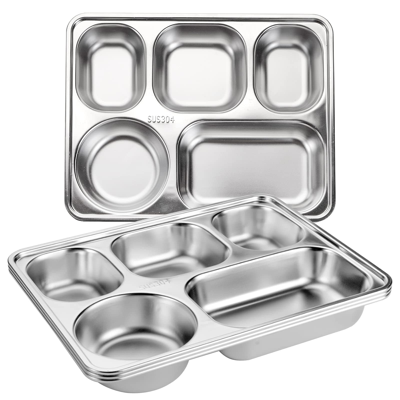 Tebery 3 Pack Stainless Steel Rectangular Divided Plates Tray, 5 Sections Dinner Plates for Adults,Kids, Picky Eaters, Campers, and Portion Control, 28x22x4.3cm