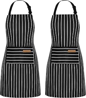 NLUS 2 Pack Cooking Aprons for Women with Pockets Adjustable Kitchen Bib Aprons for Women Men Chef, Black/White Stripe (Classic Black/White Stripes)