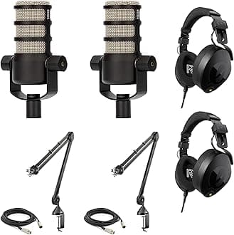 StreamEyeRode PodMic Dynamic Podcasting Microphones (Pair) with Rode PSA1 Microphone Boom Arms, Rode NTH-100 Professional Closed-Back Over Ear Headphones, XLR Cables and Polishing Cloth