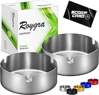 roygra Ash Tray (2 Pack), Outdoor Ashtray for Outside Patio, Stainless Steel Ashtrays for Cigarettes with 3 Holder, Smoking Accessories, Home Décor, Ashtrays for Smokers Indoor - Silver, Medium
