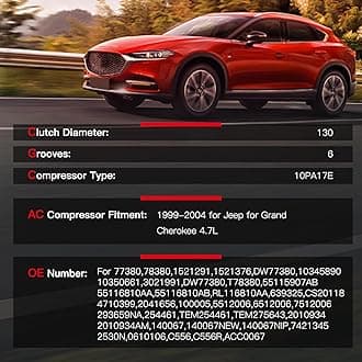 cciyu Air Conditioning Compressor Fit for J-eep Grand for Cherokee 4.7L 99 00 01 02 03 04 Replaces AC Compressor for Car 6 Grooves 10PA17E