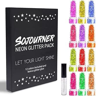 SoJourner Bags Chunky Cosmetic Holographic Neon Glitter I Body, Face & Hair Safe I 12 Pack + 1 Glitter Primer