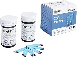 Kinetik Wellbeing Blood Glucose Test Strips, Pack of 100 - Compatible with Kinetik Monitor AG-607 - Home Diabetic Glucose Strips Used by the NHS - For Blood Sugar Level Monitors & Diabetes Management