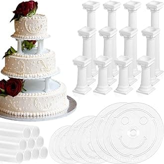 27-Piece Cake Tier Stacking Kit - Includes 12 Roman Columns (3 Sizes), 6 Cake Boards (12/16/20cm), and 9 Dowel Rods for Wedding and Tiered Cakes