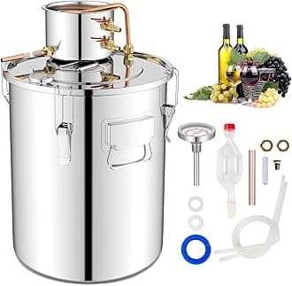 Giantex 10 Gal Alcohol Still, 2 Pots Stainless Steel Alcohol Still w/Built-in Thermometer, Copper Tubes, Multi-purpose Home Brewing Kit for DIY Whiskey, Brandy, Silver