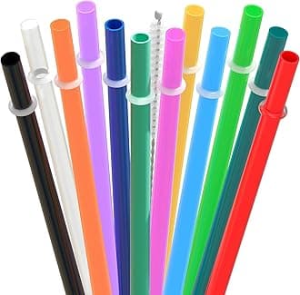 Dakoufish 8 Inch Reusable Plastic Short Straws for 16oz 20oz Tumblers and Cups,Replacement Hard Straws Set of 12 Pcs With 1 Cleaning Brush,Dishwash safe (8inch,12color)
