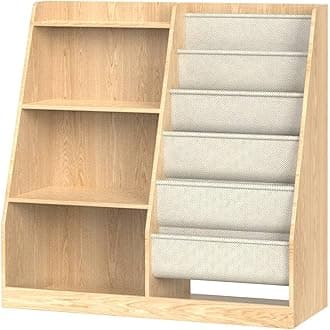 4-Tier Wooden Kids Bookshelf, Toddler Bookshelf with 6 Layer Fabric Sling Book Shelf, Kids Book Shelves and Toy Storage, for Kids Room, Playroom, Nursery, Classroom, Natural and White MCW05NL