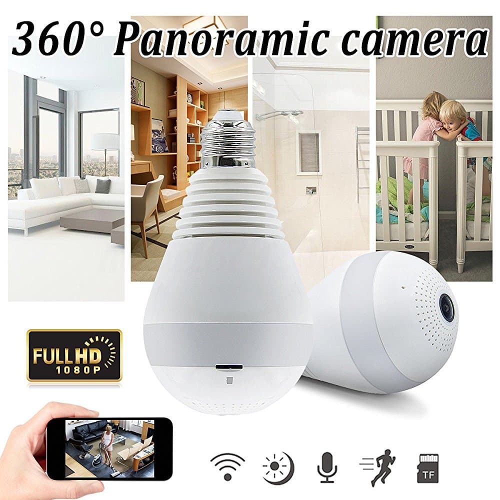 Light bulb – 360 degree HD wireless panoramic Wifi camera system for home security – night vision with app controllable LED and infrared lights