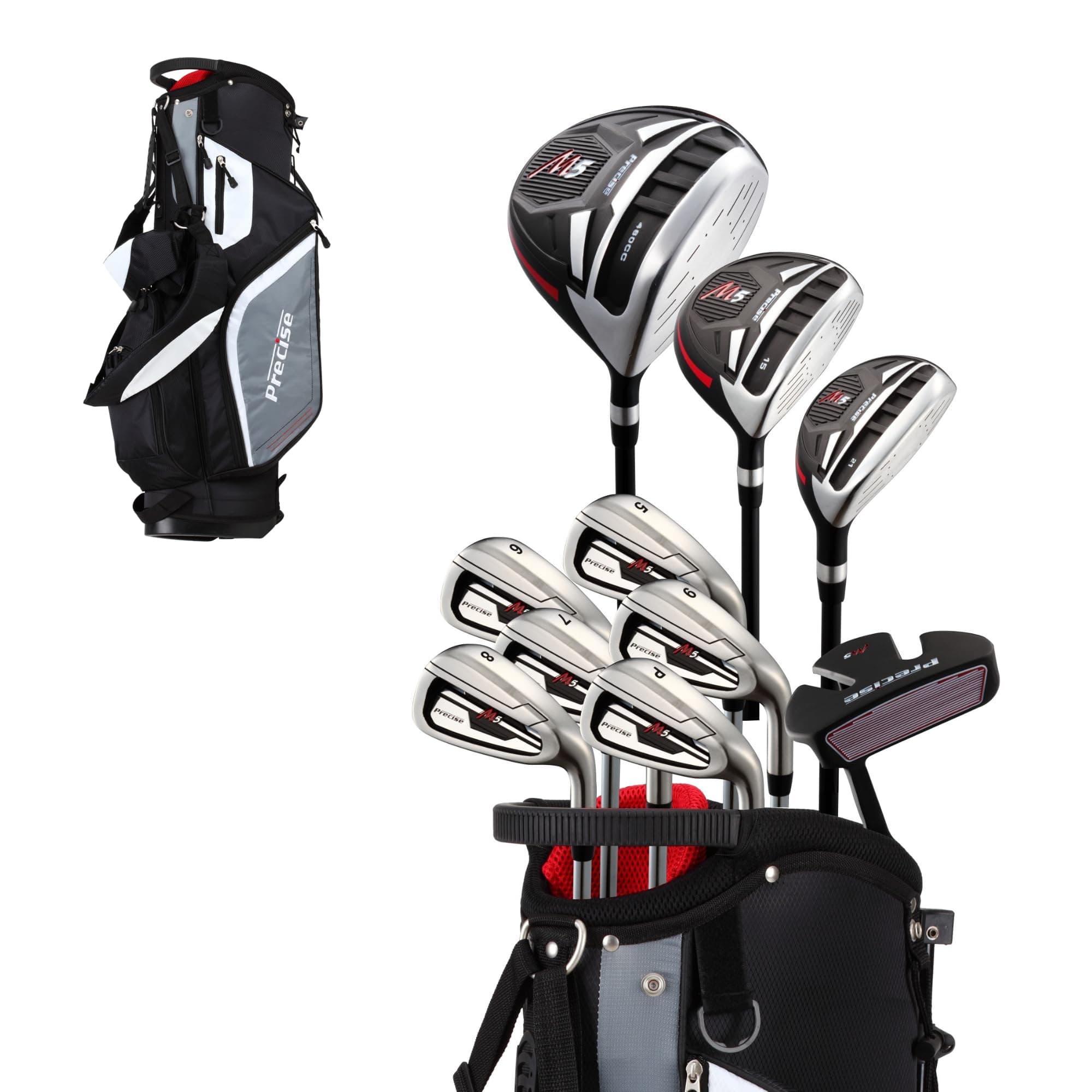 Precise M5 Men's Complete Golf Clubs Package Set Includes Titanium Driver, S.S. Fairway, S.S. Hybrid, S.S. 5-PW Irons, Putter, Stand Bag, 3 H/C's