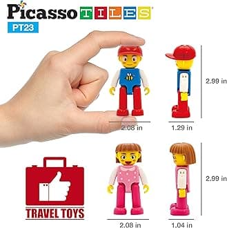 PicassoTiles Magnetic Tiles Expansion Seated Car w/ 2 Action Figure Character Dolls Play Set, Kids Building Magnet Bricks STEM Learning Construction Block Vehicle Toy for boys and girls 3 years and up