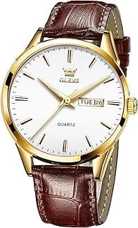 OLEVS Watches for Men Brown Leather Gold Case Analog Quartz Fashion Business Dress Watch Day Date Luminous Waterproof Casual Male Wrist Watches