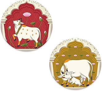 Artvibes Sacred Cow Pichwai Art Round Shape MDF Wooden Wall Decor Items | Living Room | Handcrafted Art | Wall Illustrations | Art Prints | Aesthetic Wall Art | Ideal Gifts (WH_8801NN), Set of 2