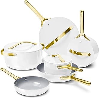 Deluxe Non-stick Ceramic Cookware Set (16 Piece) Pots, Frying Pans, Lids and Kitchen Storage - PFAS & PFOA Free - Oven Safe Pan Set & Compatible with All Stovetops - White