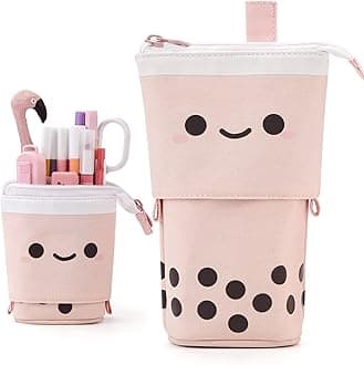 Standing Pencil Case Cute Telescopic Pen Holder Kawaii Stationery Pouch Makeup Cosmetics Bag for School Students Office Women Teens Girls Boys Christmas Gift (Pink)