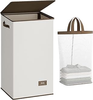 SOLEDI Laundry Basket with Lid Large Laundry Hamper,Washing Baskets for Laundry with Inner Bag and Handles,Foldable Laundry Baskets for Bedrooms,Dirty Clothes Laundry Bin (Off-White-100L)