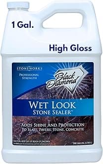 Wet Look Natural Stone Sealer. Durable, Long-Lasting Gloss Protection. Interior and Exterior Pavers, Slate, Sandstone, Travertine, Flagstone, Driveways, Garage Floors, etc. Black Diamond Stoneworks.