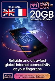 Love Mobile Data Only Sim Card - International Multi-Network 4G/5G Prepaid Pay As You Go Data Sim for Mobile Phones, WiFi Routers, & More, UK & France - 20GB for 90 Days