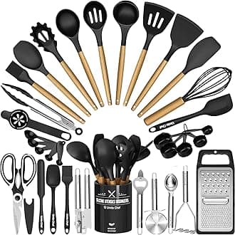 Kitchen Utensils Set- 34PCS Silicone Cooking Utensil with Holder, Umite Chef Heat Resistant Kitchen Spatula Set for Nonstick Cookware, Black Wooden Handles Kitchen Gadgets Tools Set