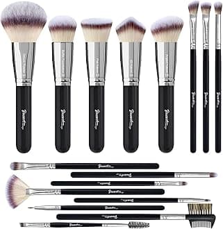 Bueart Design 16Pcs Ultra soft Essential Makeup Brushes set Professional makeup brush set with Premium vegan Hair for Foundation concealer eyeshadow face Contour Blush (16Pcs Pearl Black)