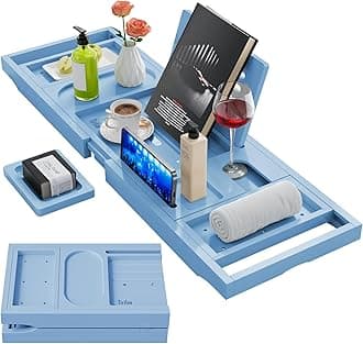 Yirilan Premium Bathtub Tray Caddy - Expandable Bath Tray - Unique House Warming Gifts, New Home, Anniversary & Wedding Gifts for Couple, Bridal Shower Gift for Women-Blue