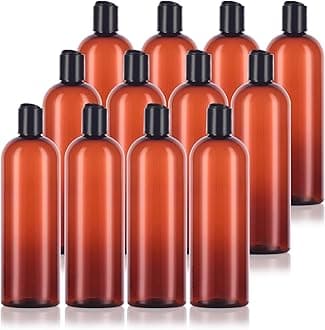 16 oz / 500 ml Amber Slim PET Plastic Bottles (BPA Free) with Black Disc Cap Lid (12 pack)
