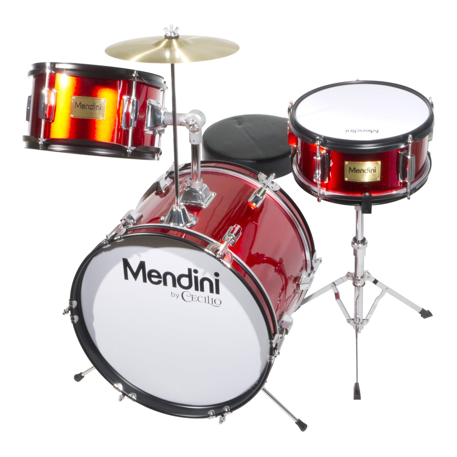 Mendini By Cecilio Drum Set, 3 Piece Junior Drum Set for Beginners with Bass Tom Snare Drum, 16 inch Drum Kit with Snare, Cymbal, Drumsticks, Adjustable Seat (Metallic Red)
