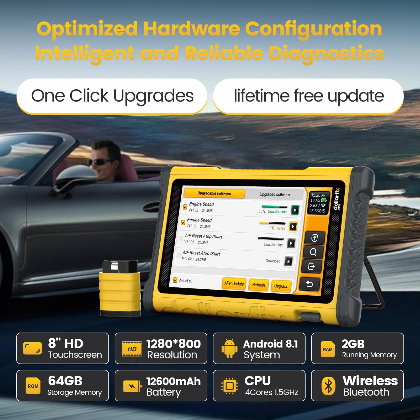 Dollarfix Bidirectional Scan Tool,PF8 OBD2 Scanner Diagnostic Tool, Full Systems Scan 34+ Reset Bluetooth&WiFi, ECU Online Coding, Active Test, AutoAuth FCA SGW&Automatic VIN&Free Lifetime Upgrade