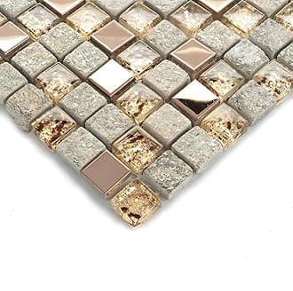 Quartz Mixed Glass and Metal Mosaic Rose Gold & Gray Wall Tile